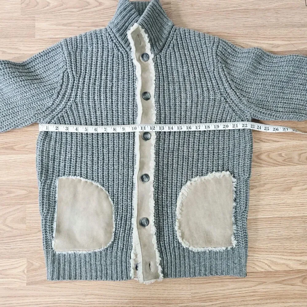 Michael Kors Ribbed Wool Knit Cardigan Lamb Shearling Sweater Size L Elbow Patch